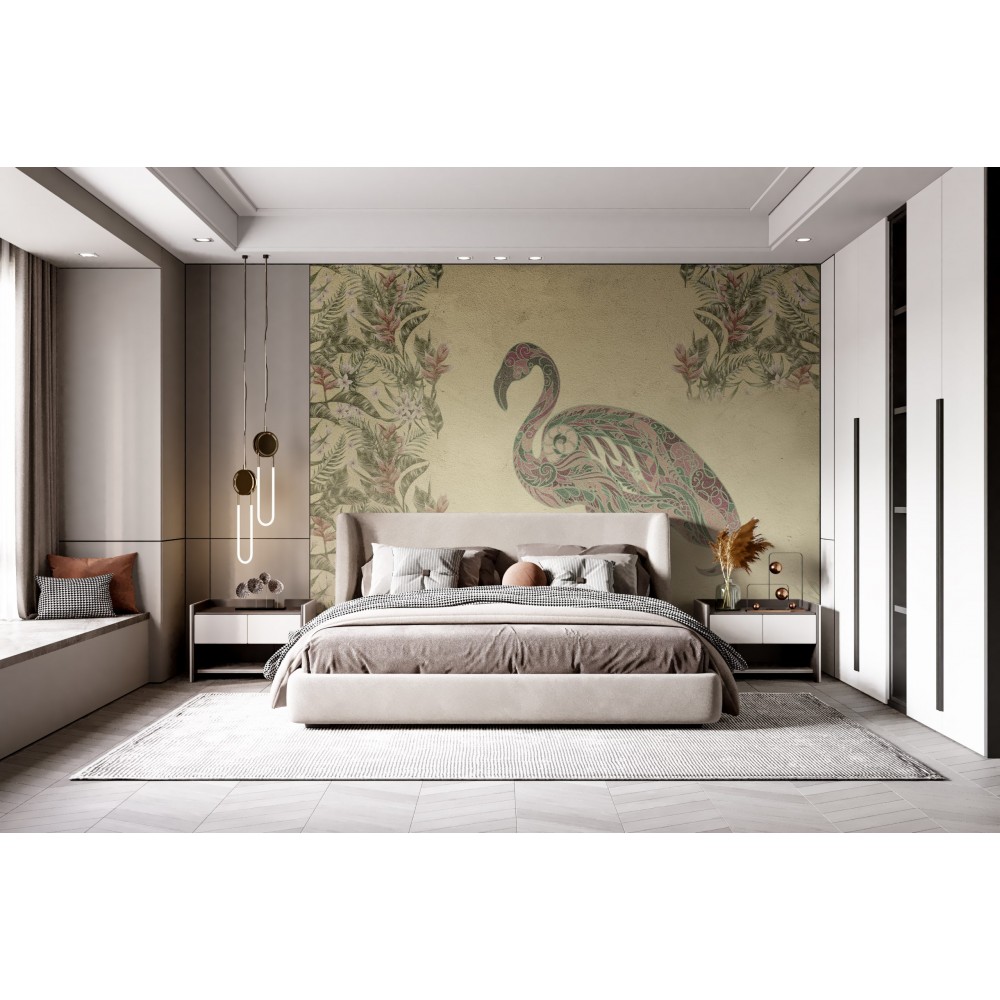 Vintage Etnik Desenli Flamingo ve Egzotik Çiçekli Duvar Kağıdı