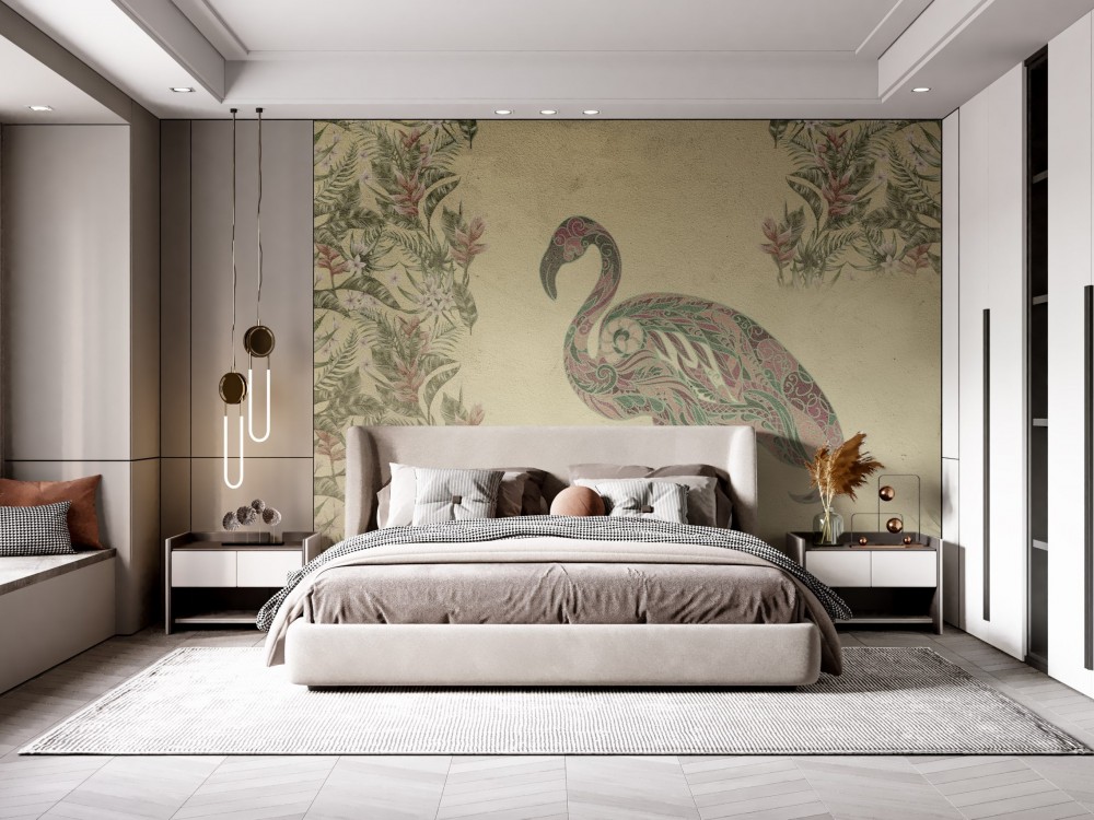 Vintage Etnik Desenli Flamingo ve Egzotik Çiçekli Duvar Kağıdı