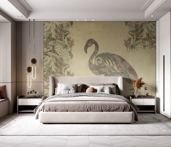 Vintage Etnik Desenli Flamingo ve Egzotik Çiçekli Duvar Kağıdı