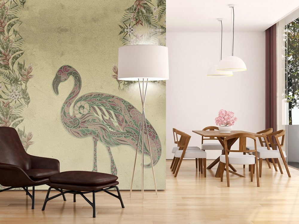 Vintage Etnik Desenli Flamingo ve Egzotik Çiçekli Duvar Kağıdı