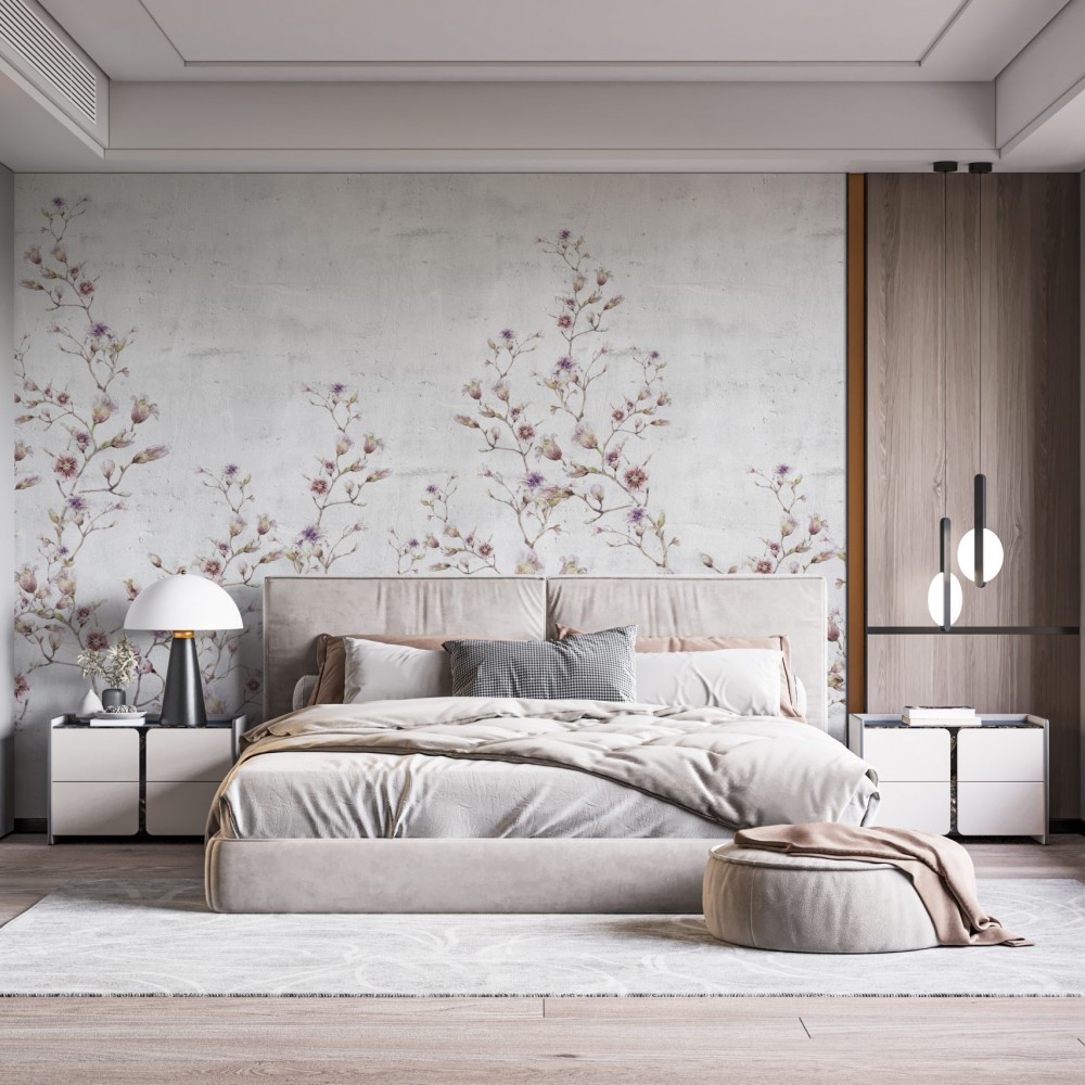 Modern Beton Zemin Üzeri Pembe Bahar Dalları ve Çiçek Desenli Duvar Kağıdı