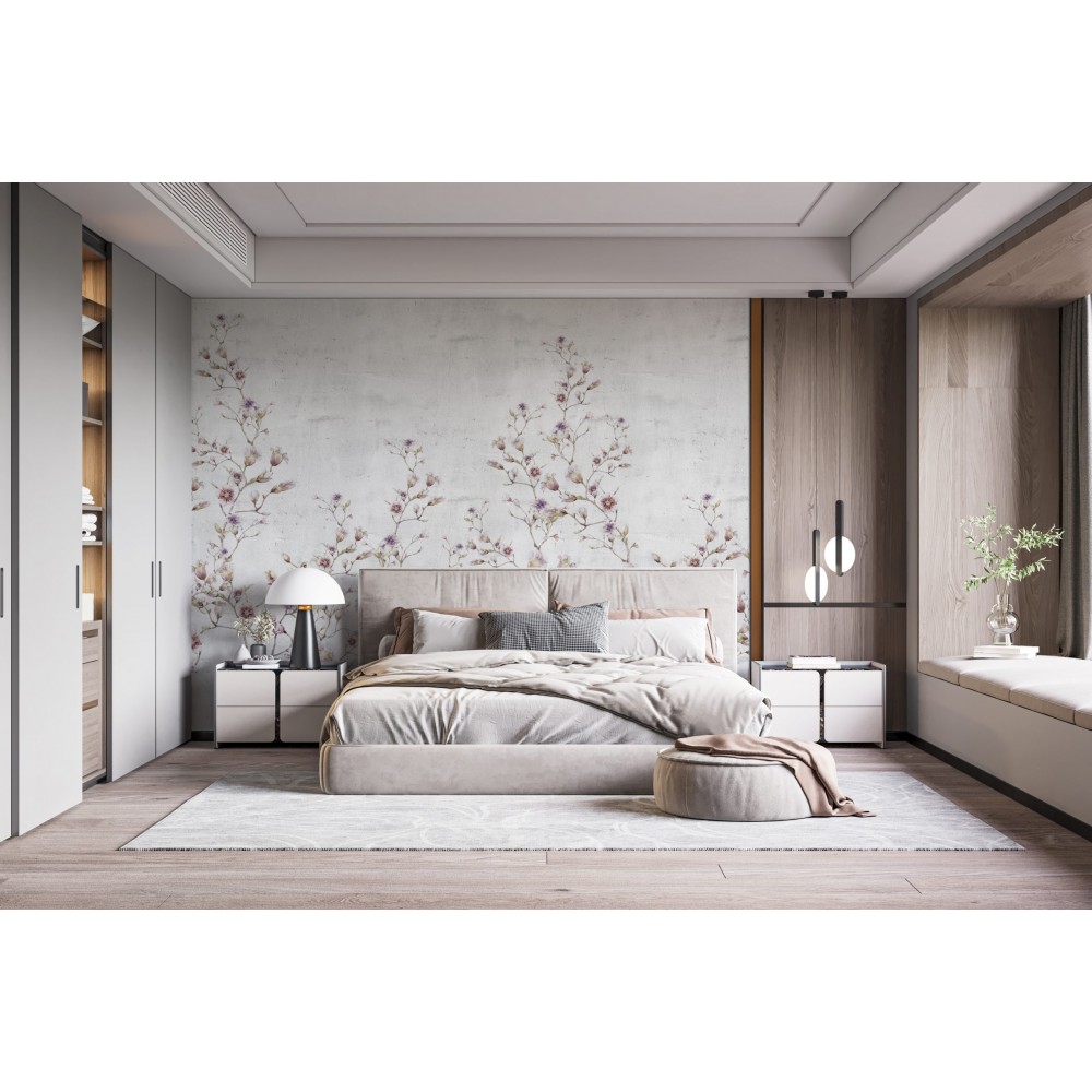 Modern Beton Zemin Üzeri Pembe Bahar Dalları ve Çiçek Desenli Duvar Kağıdı