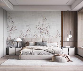 Modern Beton Zemin Üzeri Pembe Bahar Dalları ve Çiçek Desenli Duvar Kağıdı