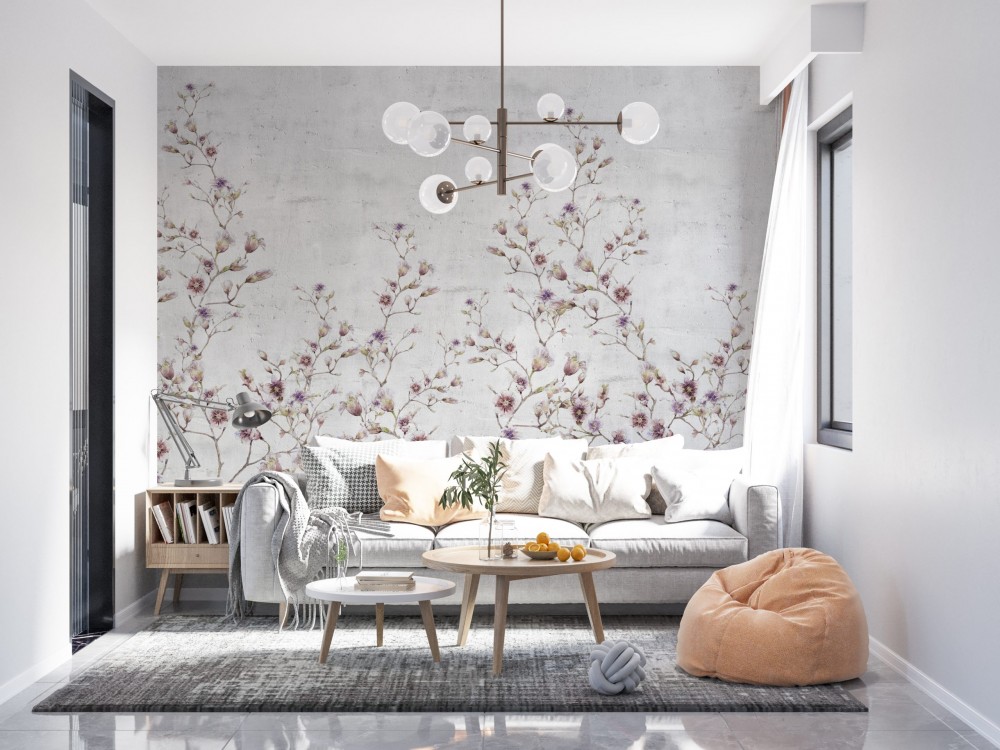 Modern Beton Zemin Üzeri Pembe Bahar Dalları ve Çiçek Desenli Duvar Kağıdı