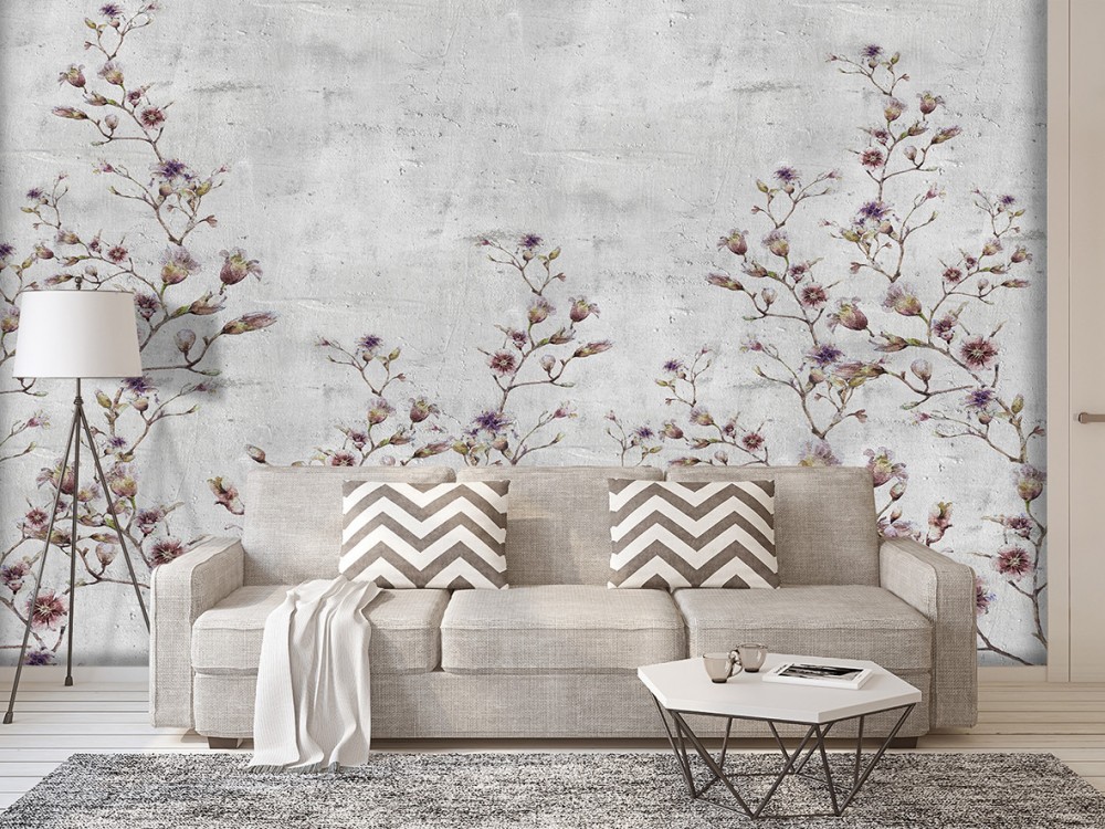 Modern Beton Zemin Üzeri Pembe Bahar Dalları ve Çiçek Desenli Duvar Kağıdı