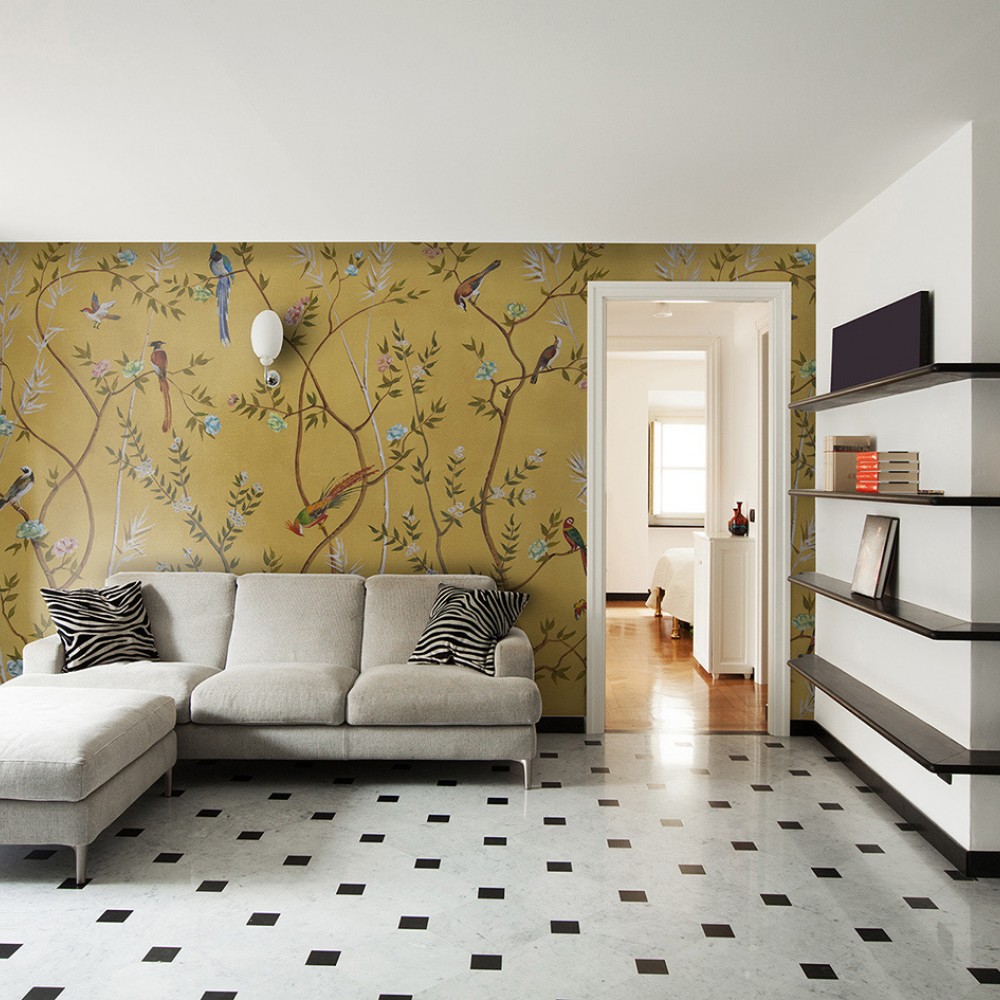 Chinoiserie Tarzı Altın Sarısı Panoramik Doğa ve Bahar Bahçesi Duvar Kağıdı Chinoiserie Tarzı Altın Sarısı Panoramik Doğa ve Bahar Bahçesi Duvar Kağıdı