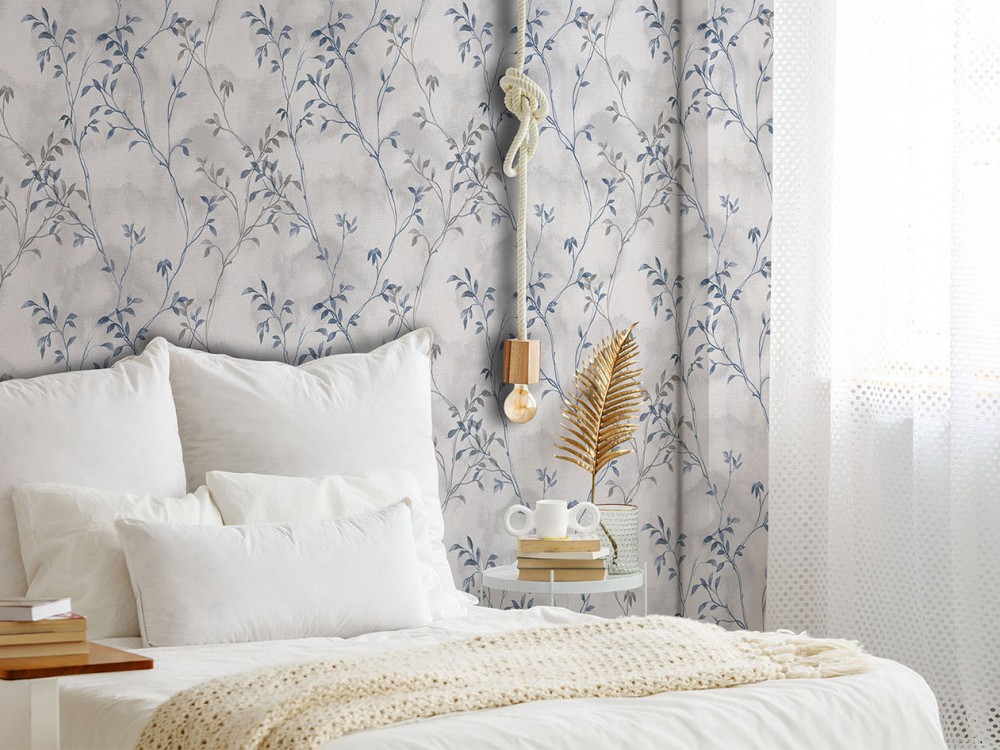 İskandinav Tarzı Minimalist Yaprak Dalları Temalı Soft Gri Duvar Kağıdı