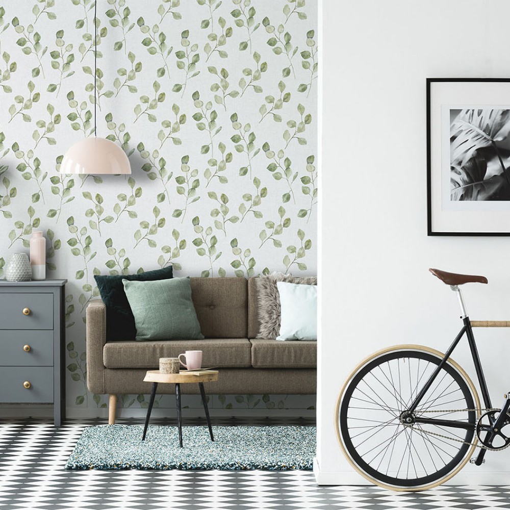 Soft Yeşil Okaliptüs Yaprağı Desenli ve Minimalist Beyaz Duvar Kağıdı