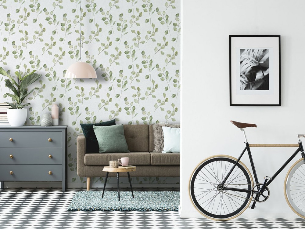 Soft Yeşil Okaliptüs Yaprağı Desenli ve Minimalist Beyaz Duvar Kağıdı