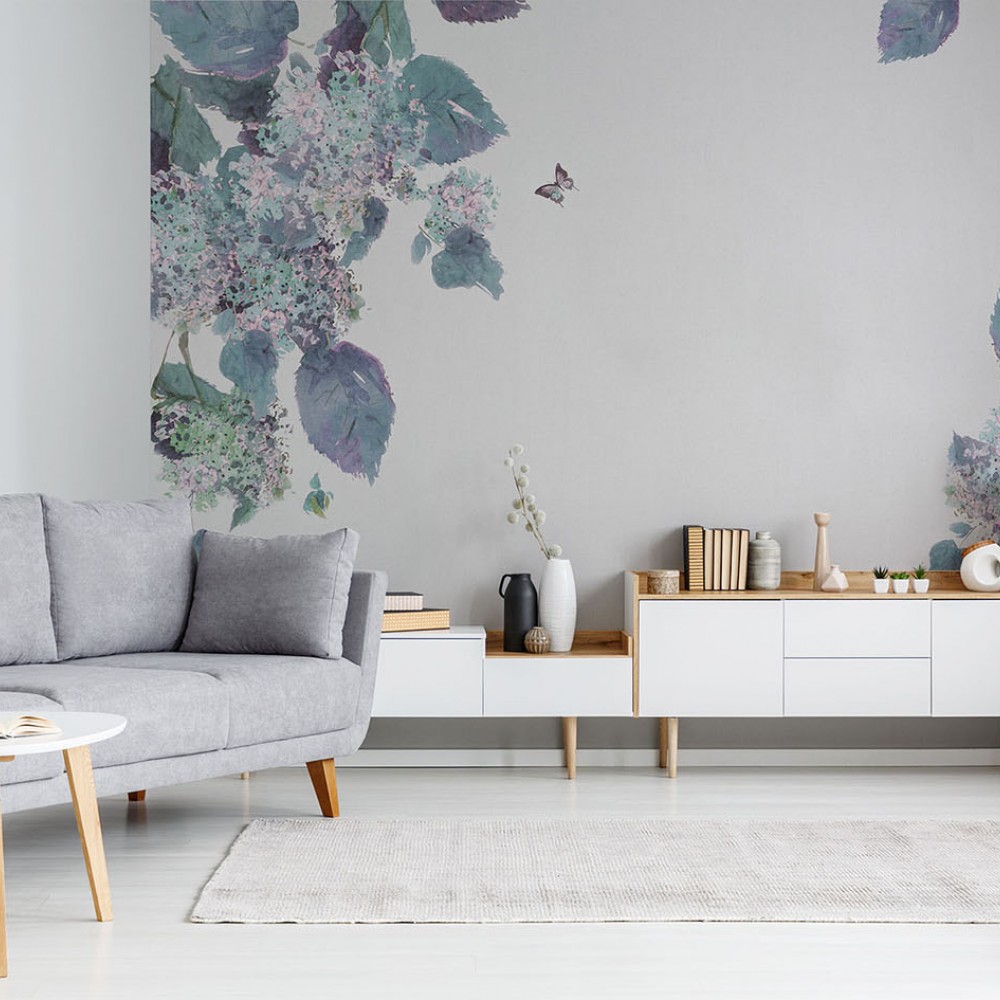 Suluboya Efektli Mor Ortanca Çiçekleri ve Kelebek Temalı Duvar Kağıdı