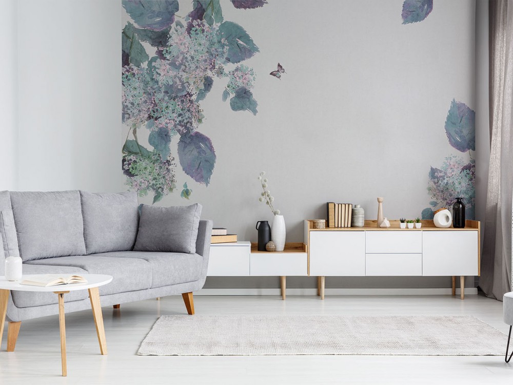 Suluboya Efektli Mor Ortanca Çiçekleri ve Kelebek Temalı Duvar Kağıdı