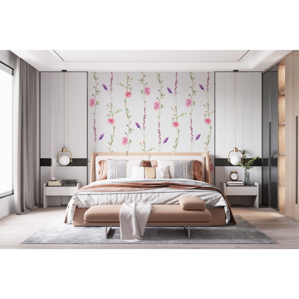  Minimalist Lavanta ve Pembe Çiçek Dalları Desenli Duvar Kağıdı 
