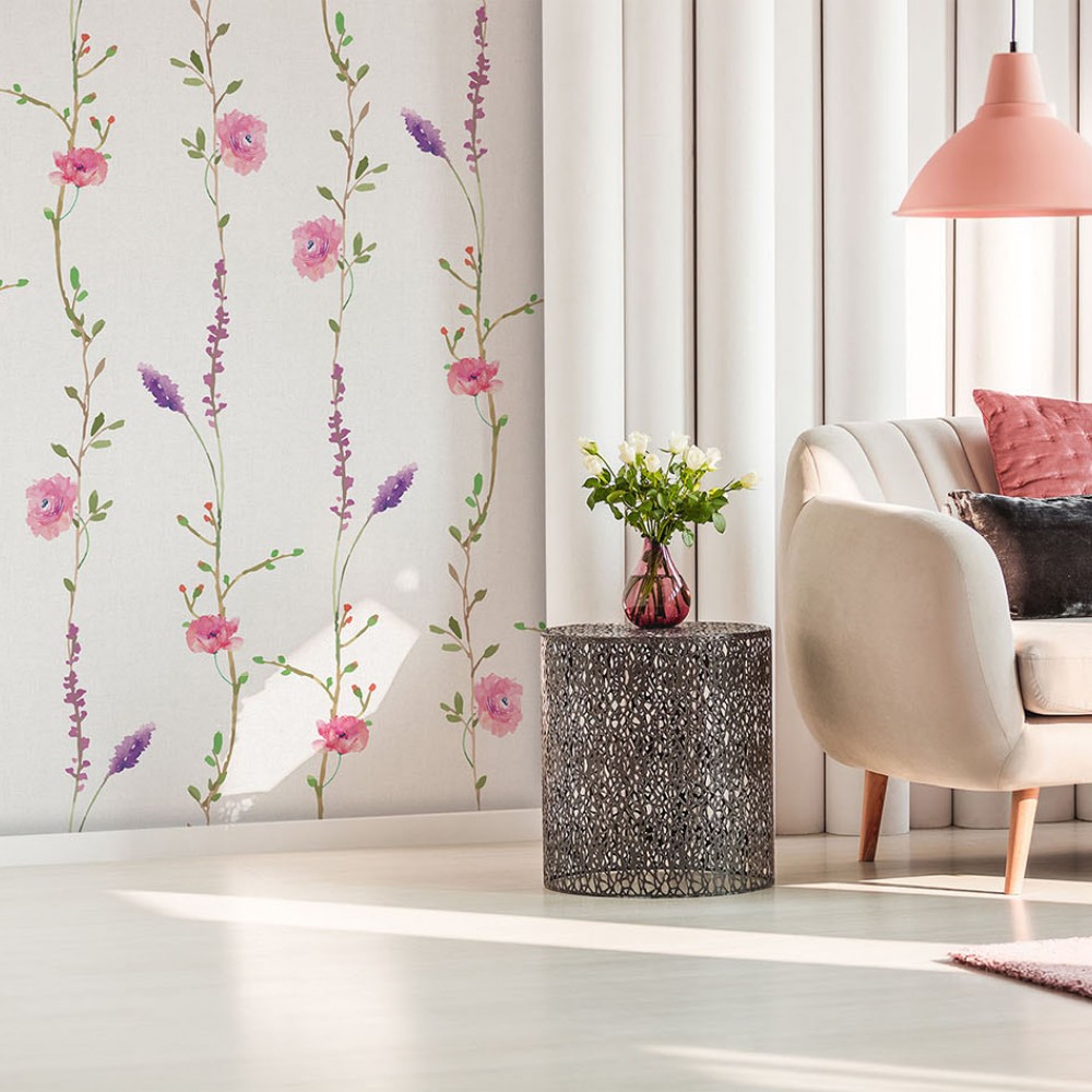 Minimalist Lavanta ve Pembe Çiçek Dalları Desenli Duvar Kağıdı Minimalist Lavanta ve Pembe Çiçek Dalları Desenli Duvar Kağıdı