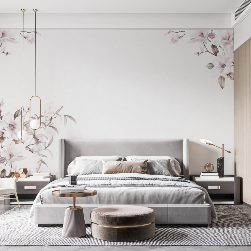 Modern Soft Manolya Çiçekli ve Minimalist Köşe Desenli Duvar Kağıdı