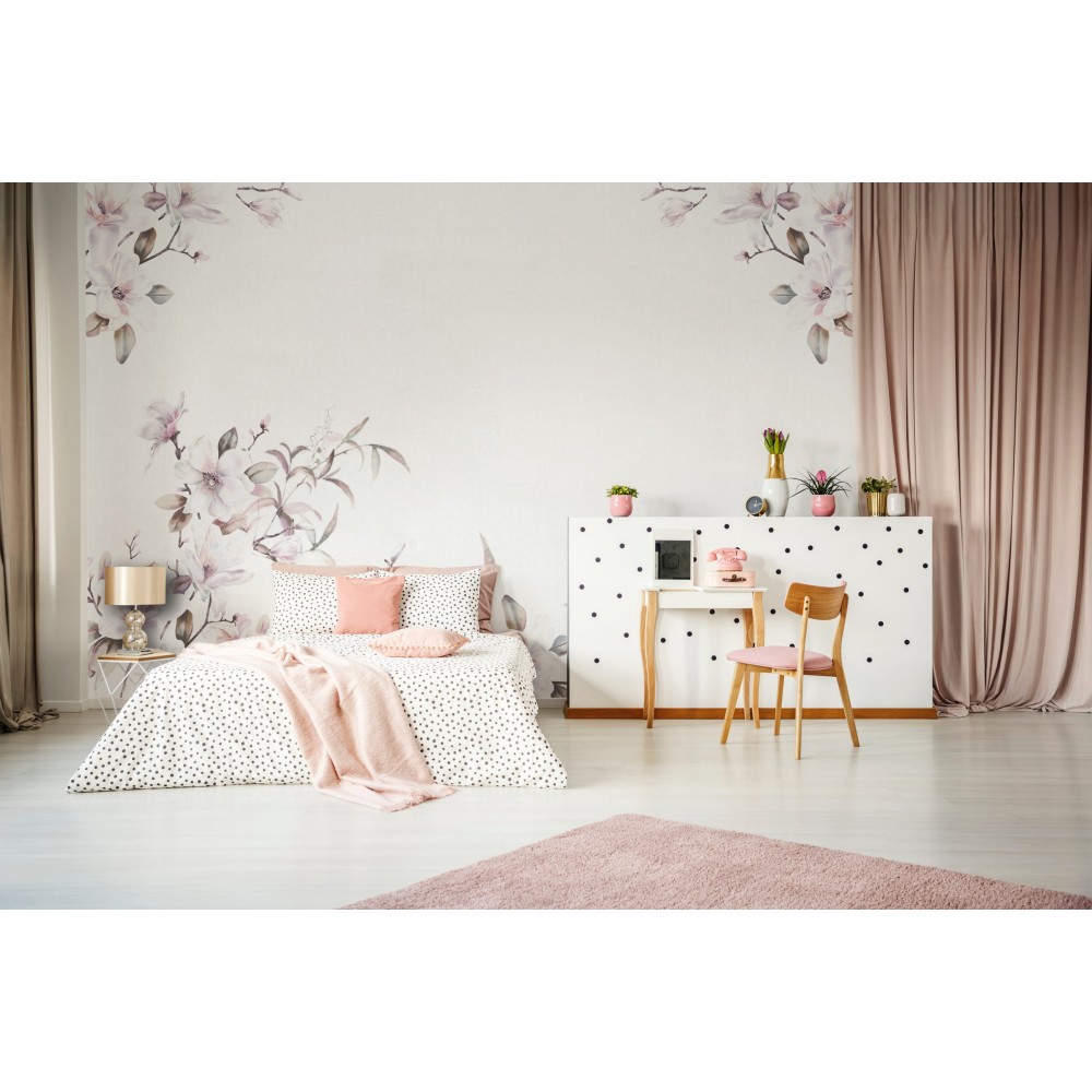 Modern Soft Manolya Çiçekli ve Minimalist Köşe Desenli Duvar Kağıdı