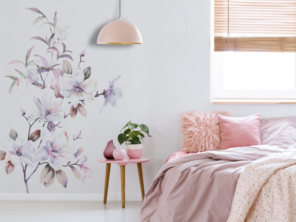 Minimalist Japon Tarzı Sanatsal Çiçek İllüstrasyonlu Beyaz Duvar Kağıdı