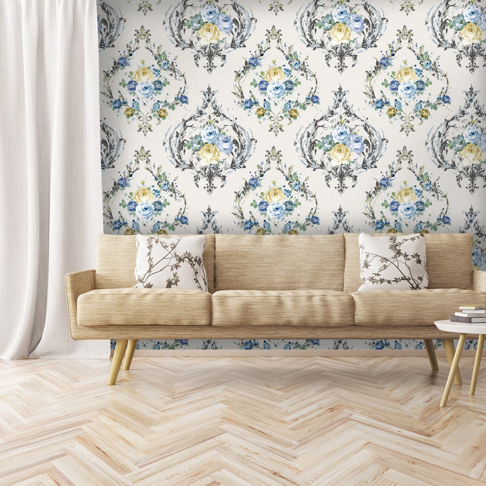 Vintage Damask Çerçeveli Pastel Çiçek Buketi Duvar Kağıdı