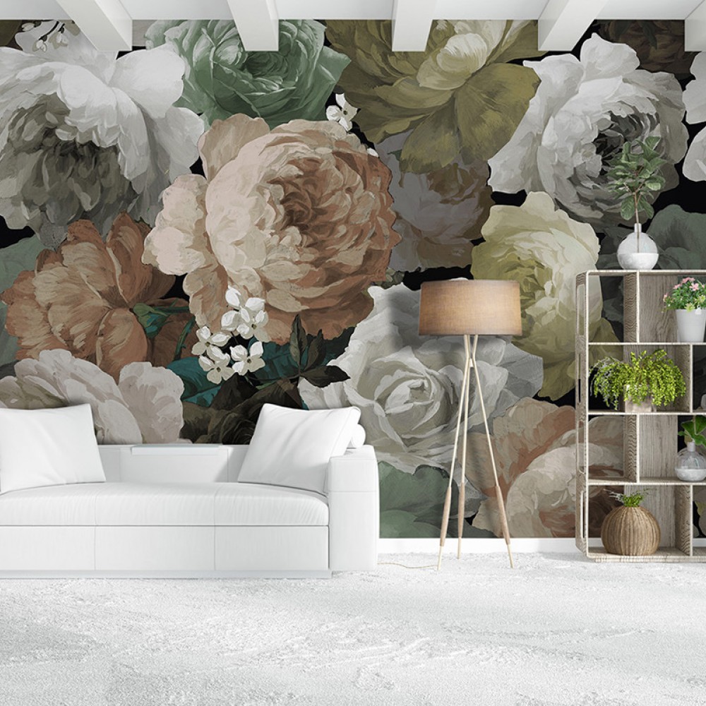 Barok Stil Sanatsal Yağlı Boya Efektli Çiçekli Duvar Kağıdı