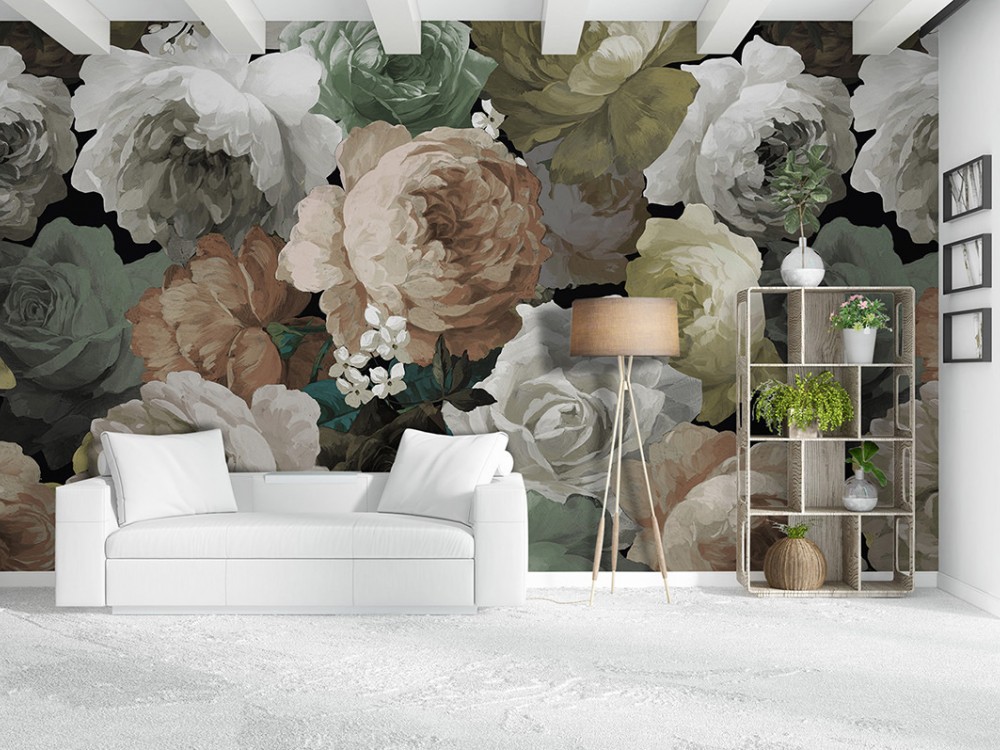 Barok Stil Sanatsal Yağlı Boya Efektli Çiçekli Duvar Kağıdı