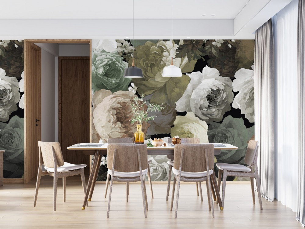 Barok Stil Sanatsal Yağlı Boya Efektli Çiçekli Duvar Kağıdı