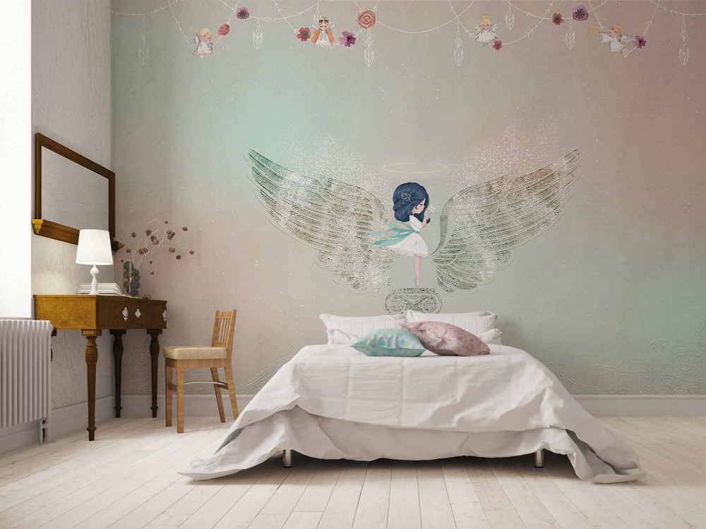 Sihirli Kanatlı Peri Kızı ve Antik Sütun Temalı Pastel Çocuk Odası Duvar Kağıdı