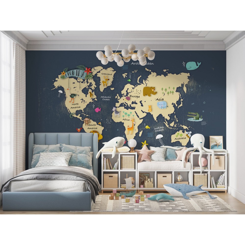 Eğitici Sevimli Hayvanlar ve Dünya Haritası Tasarım Duvar Kağıdı