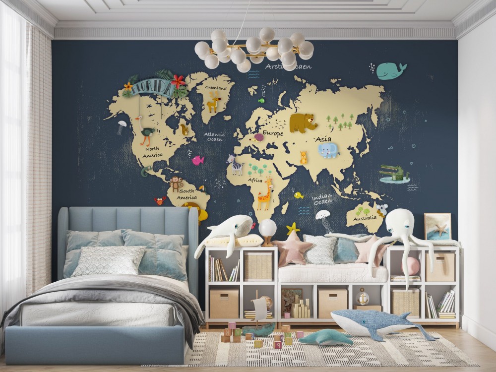 Eğitici Sevimli Hayvanlar ve Dünya Haritası Tasarım Duvar Kağıdı