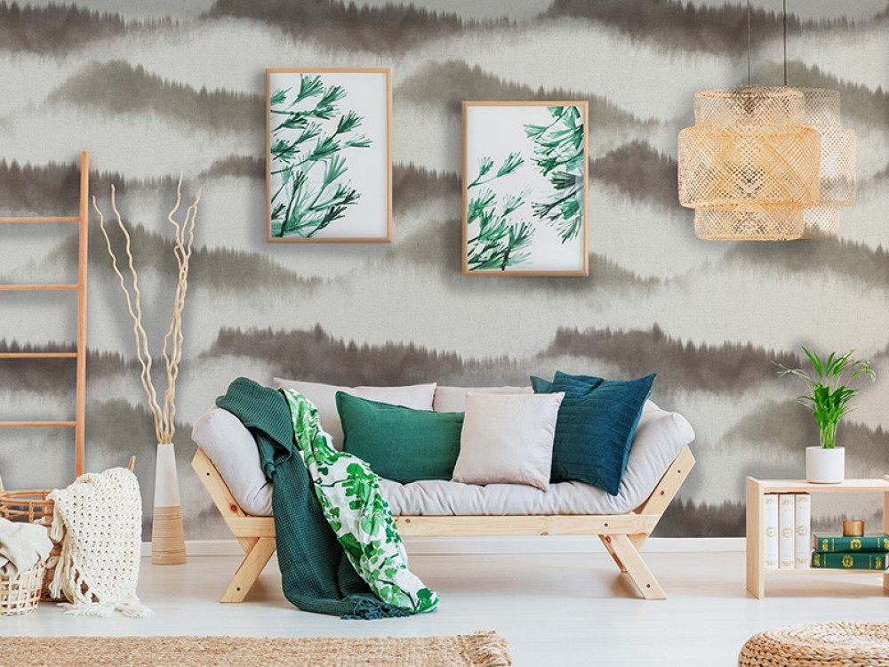 Sulu Boya Efektli Soyut Dağ Manzaralı Tasarım Duvar Kağıdı