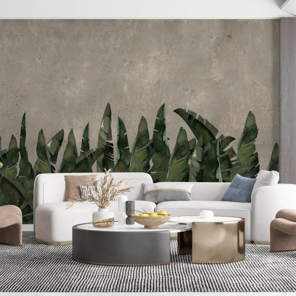 Modern Beton Zemin Üzeri Tropikal Yaprak Desenli Yatak Odası Duvar Kağıdı
