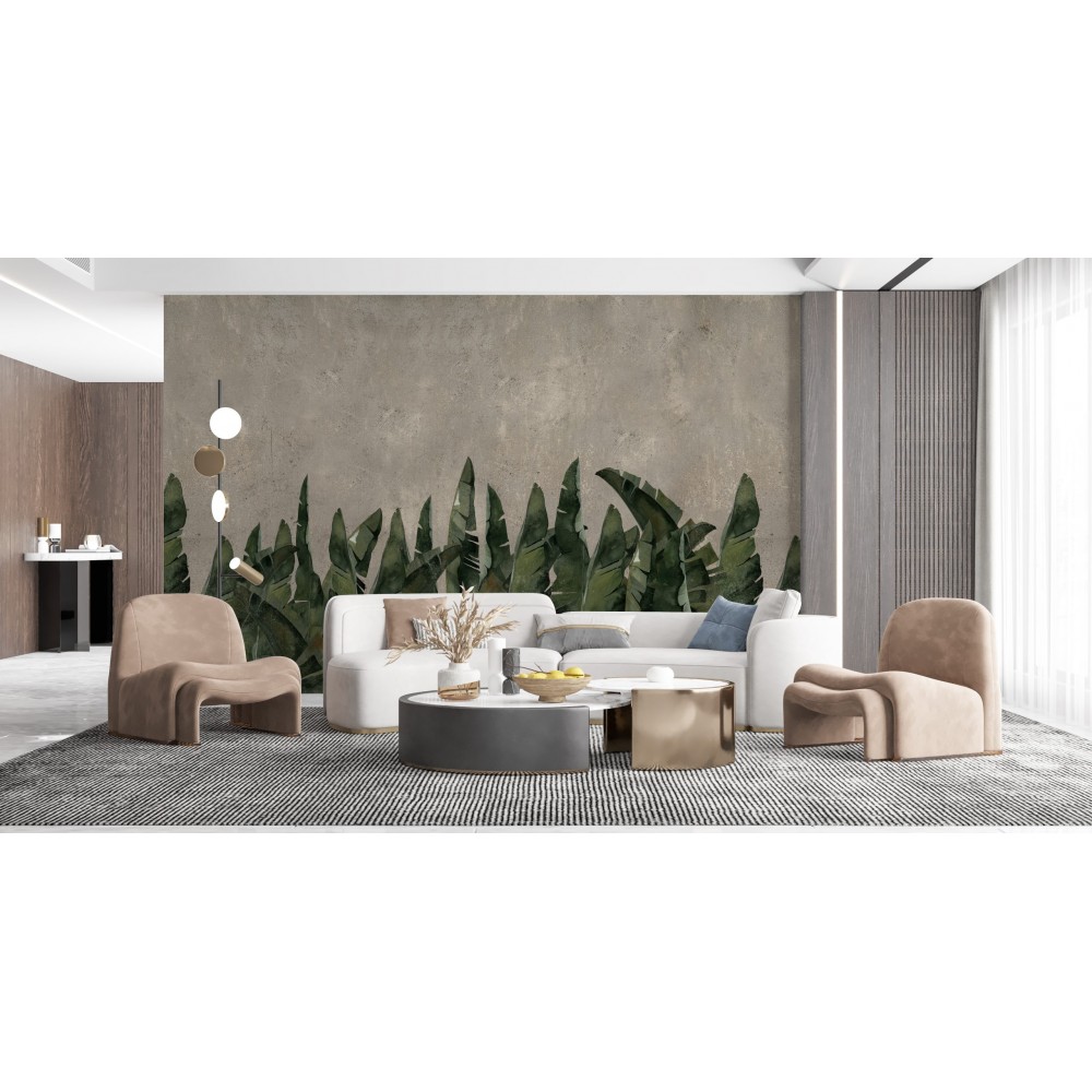 Modern Beton Zemin Üzeri Tropikal Yaprak Desenli Yatak Odası Duvar Kağıdı