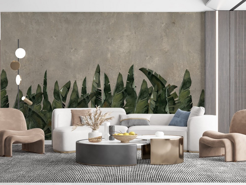 Modern Beton Zemin Üzeri Tropikal Yaprak Desenli Yatak Odası Duvar Kağıdı