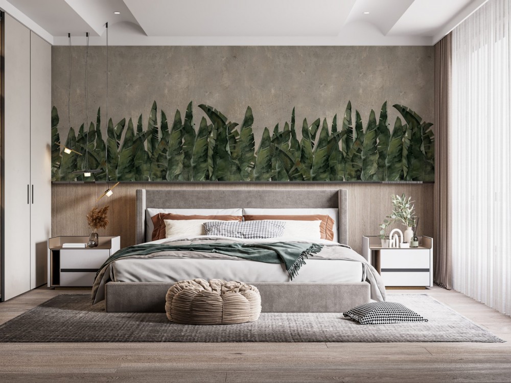Modern Beton Zemin Üzeri Tropikal Yaprak Desenli Yatak Odası Duvar Kağıdı