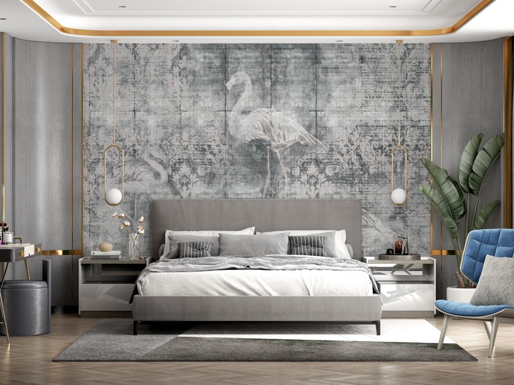 Modern Vintage Eskitme Dokulu Flamingo ve Klasik Desenli Duvar Kağıdı