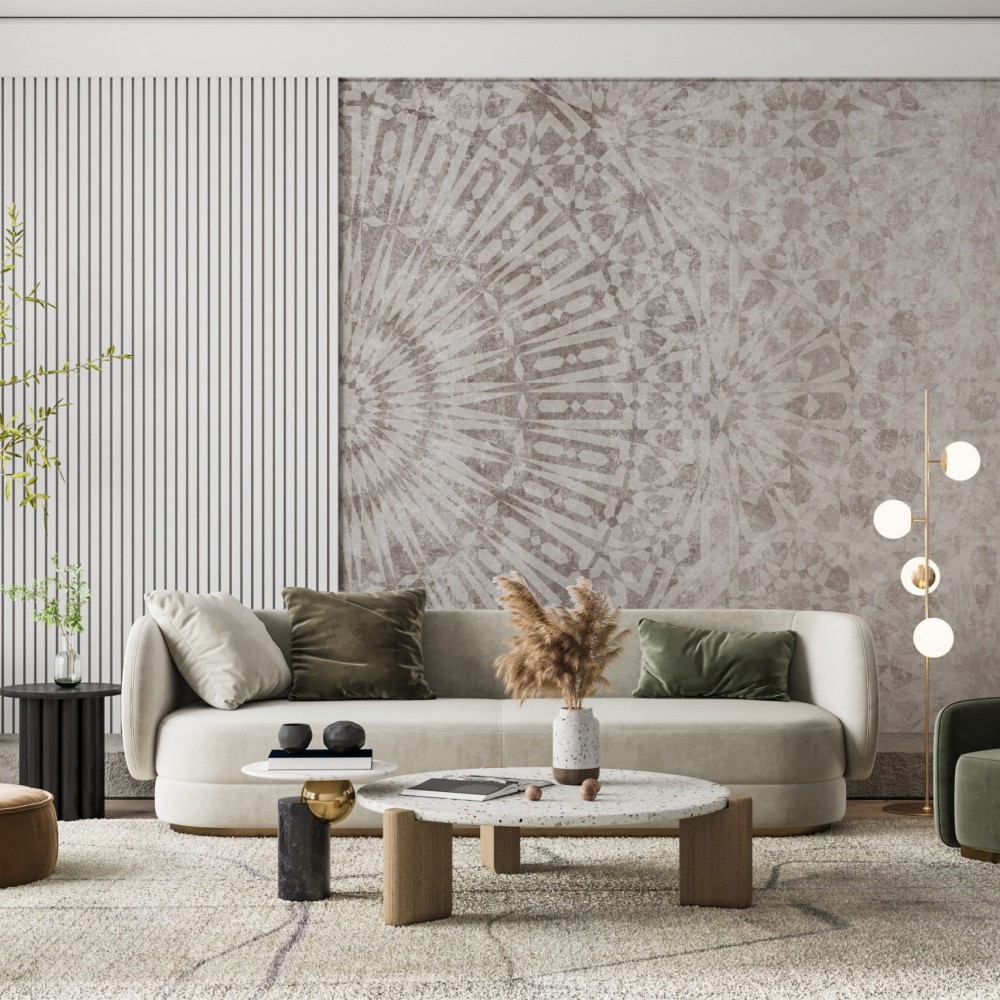 Modern Eskitme Dokulu Antik Geometrik Yıldız Motifli Vizon Duvar Kağıdı