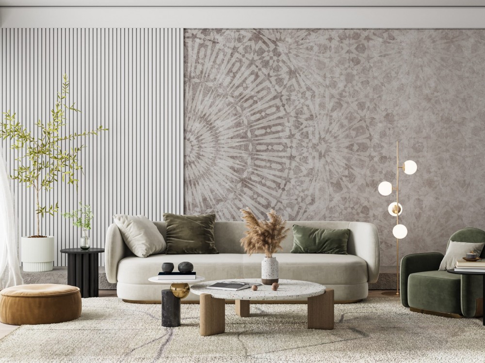 Modern Eskitme Dokulu Antik Geometrik Yıldız Motifli Vizon Duvar Kağıdı