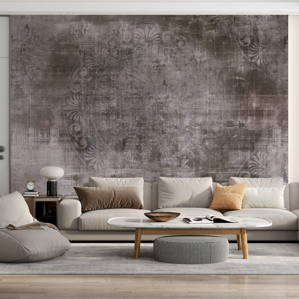 Endüstriyel Beton Zemin Üzeri Eskitme Damask Desenli Duvar Kağıdı