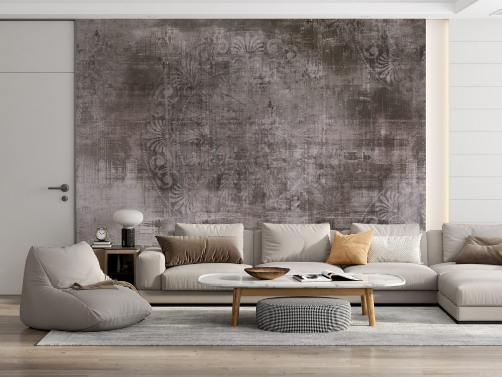 Endüstriyel Beton Zemin Üzeri Eskitme Damask Desenli Duvar Kağıdı