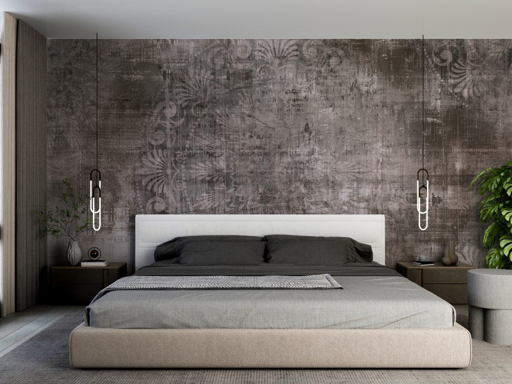 Endüstriyel Beton Zemin Üzeri Eskitme Damask Desenli Duvar Kağıdı