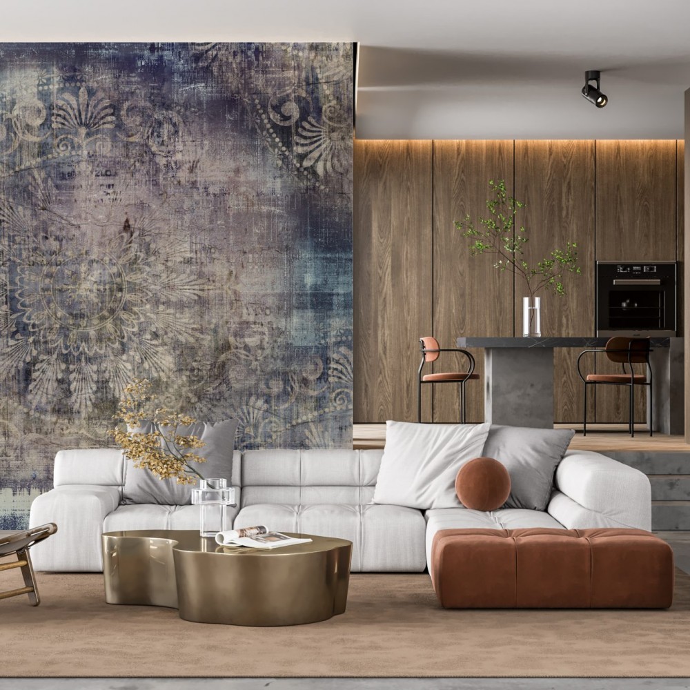 Vintage Eskitme Dokulu Antrasit ve Mor Tonlarında Damask Desenli Duvar Kağıdı