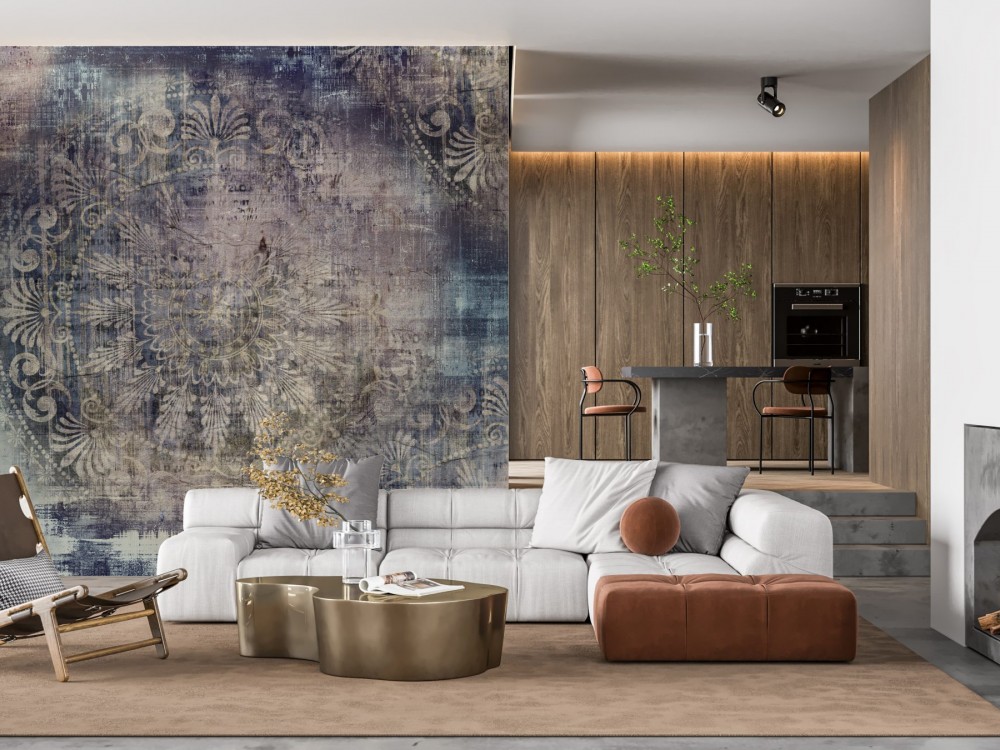 Vintage Eskitme Dokulu Antrasit ve Mor Tonlarında Damask Desenli Duvar Kağıdı