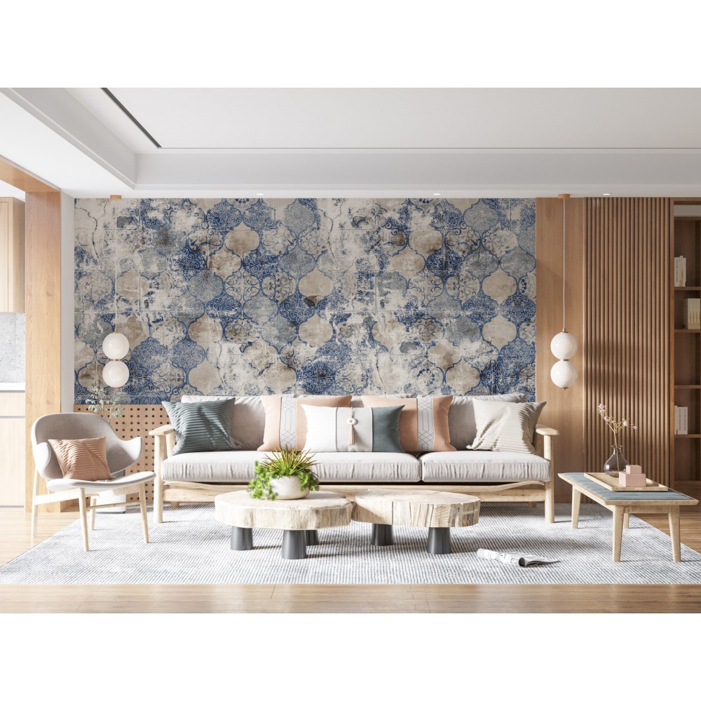 Vintage Eskitme Mavi Çini ve Seramik Desenli Duvar Kağıdı