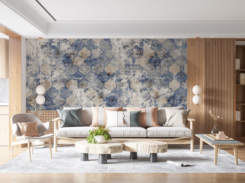 Vintage Eskitme Mavi Çini ve Seramik Desenli Duvar Kağıdı