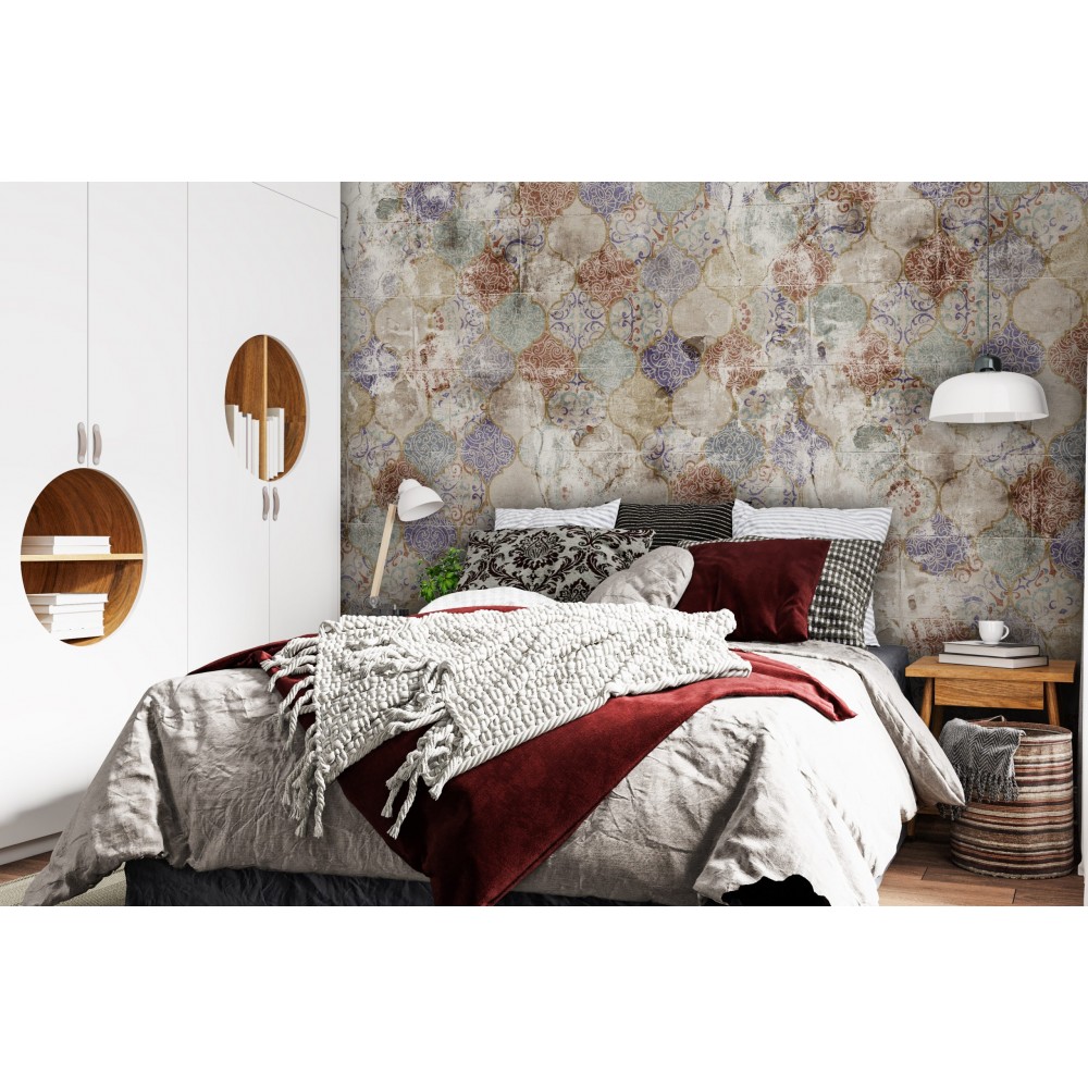 Vintage Eskitme Renkli Çini ve Mozaik Desenli Duvar Kağıdı