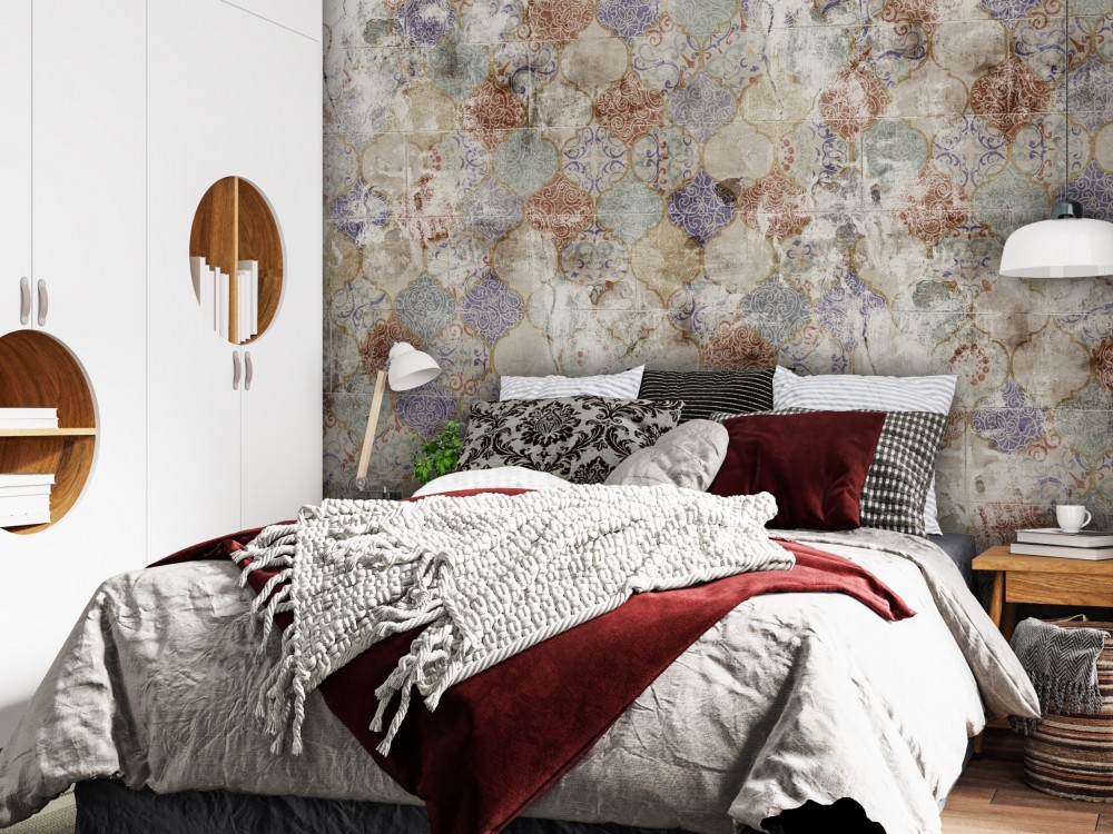 Vintage Eskitme Renkli Çini ve Mozaik Desenli Duvar Kağıdı