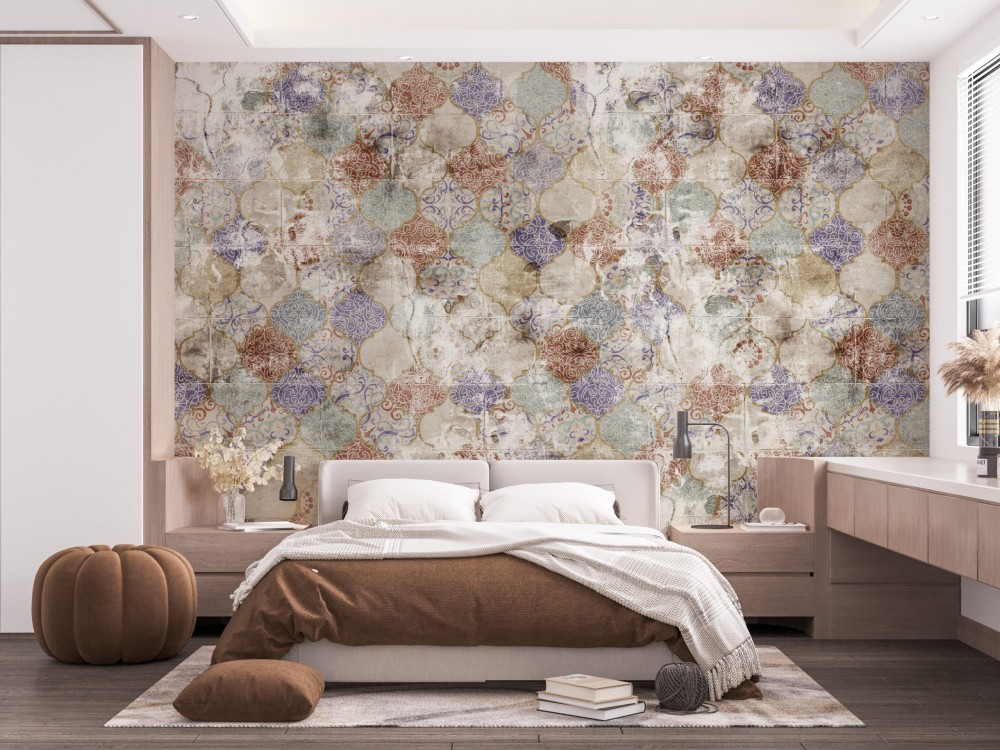 Vintage Eskitme Renkli Çini ve Mozaik Desenli Duvar Kağıdı