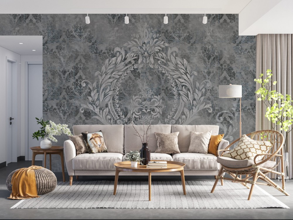 Klasik Modern Stil Brüt Beton Zeminli ve Barok Motifli Duvar Kağıdı