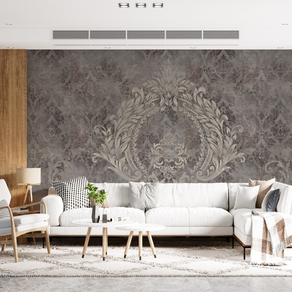 Modern Vintage Damask Desenli ve Eskitme Dokulu Sanatsal Duvar Kağıdı