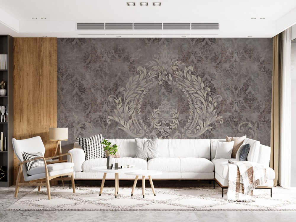 Modern Vintage Damask Desenli ve Eskitme Dokulu Sanatsal Duvar Kağıdı
