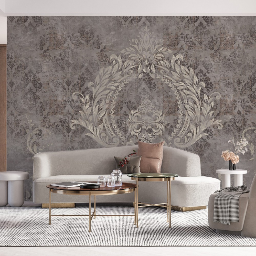 Modern Vintage Damask Desenli ve Eskitme Dokulu Sanatsal Duvar Kağıdı
