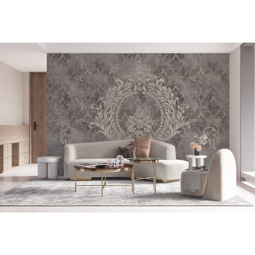 Modern Vintage Damask Desenli ve Eskitme Dokulu Sanatsal Duvar Kağıdı